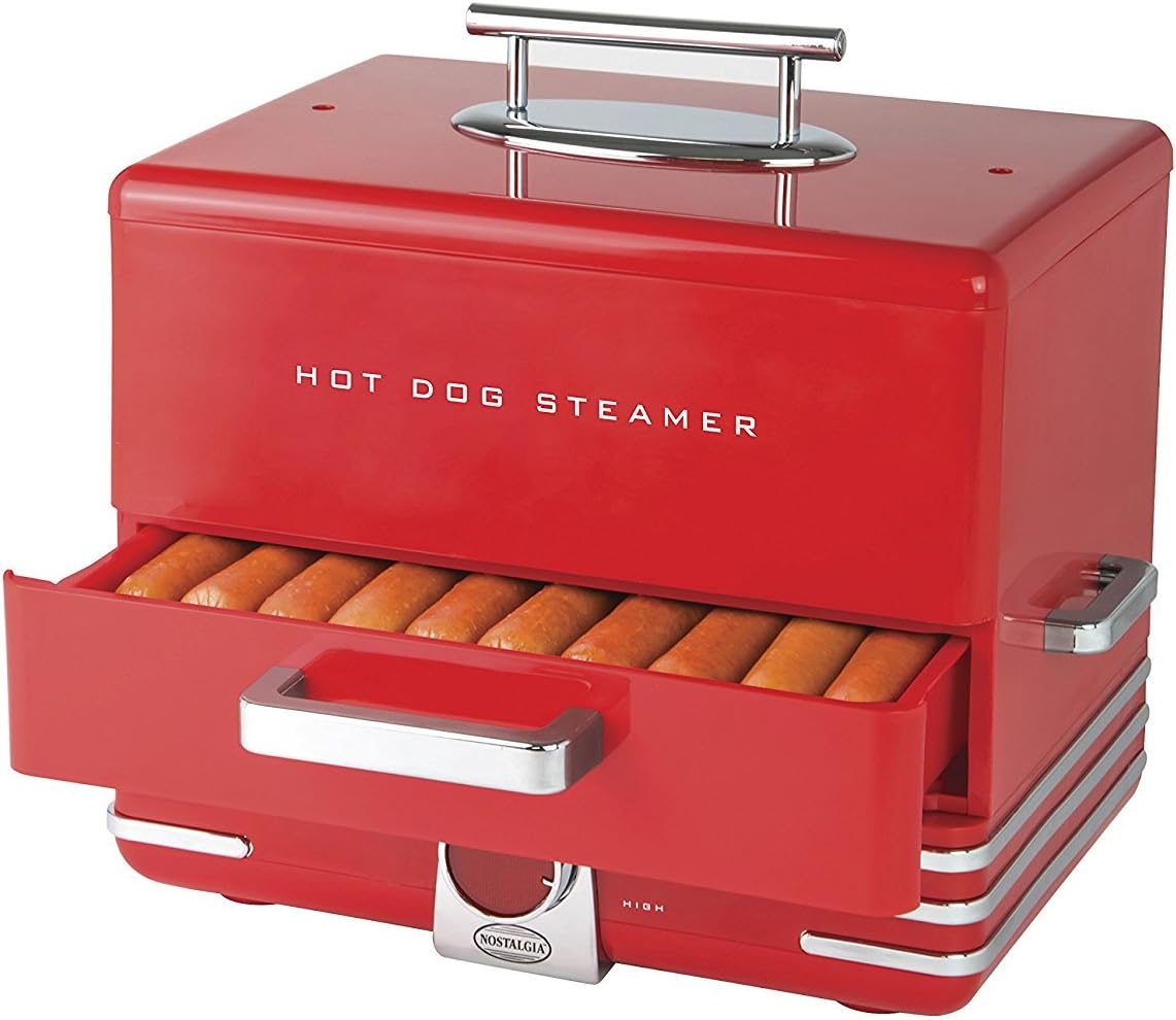 Nostalgia Extra Large Diner-Style Coca-Cola Hot Dog Steamer and Bun Warmer, 24 Hot Dog and 12 Bun Capacity, Steam Bratwursts, Sausages, Vegetables, Fish, Dumplings, Red