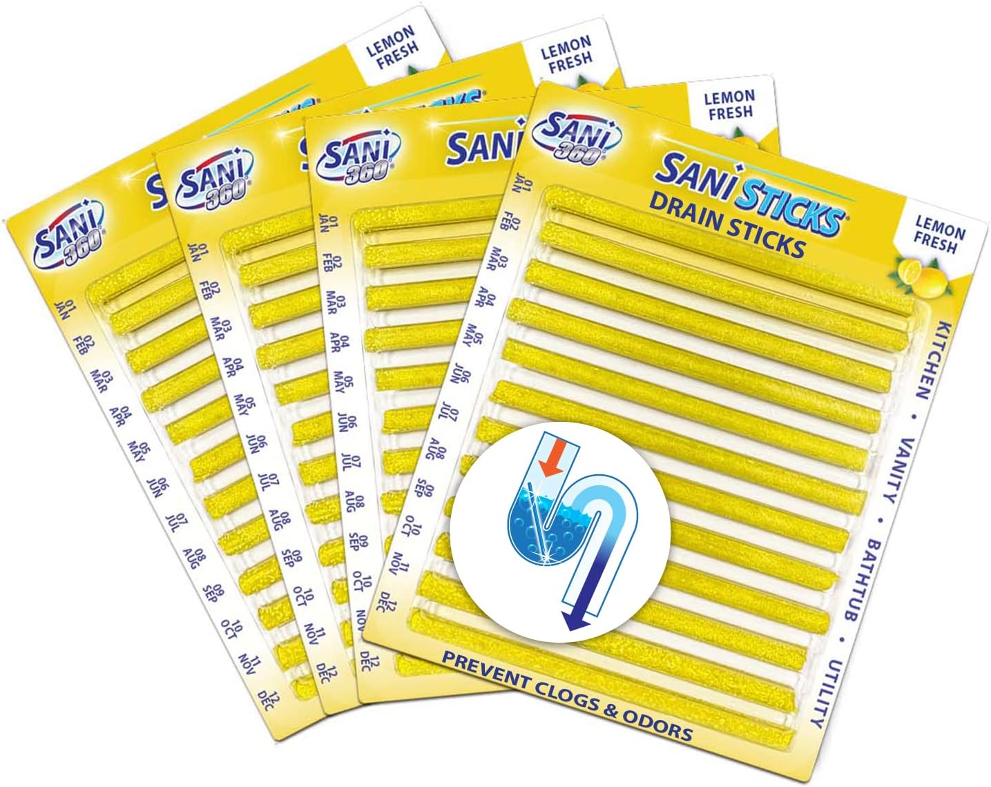 SANI 360° Sani Sticks Drain Cleaner and Deodorizer, Enzyme Pipe Cleaners, Eliminate Odors, Prevent Clogged Drains, Safe for Sinks, Bathtub Drains, Septic Tanks, 24 Count, Lemon Scent