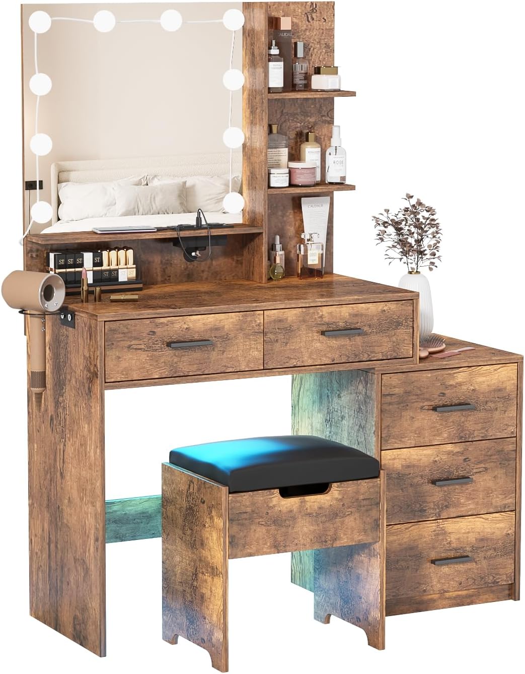 Maupvit Vanity Desk with Mirror and Lights, White Vanity with Bedside Table, 5 Drawers Large Capacity, Metal Silver Handle, Makeup Vanity with 10 Led Lights And Charging Station