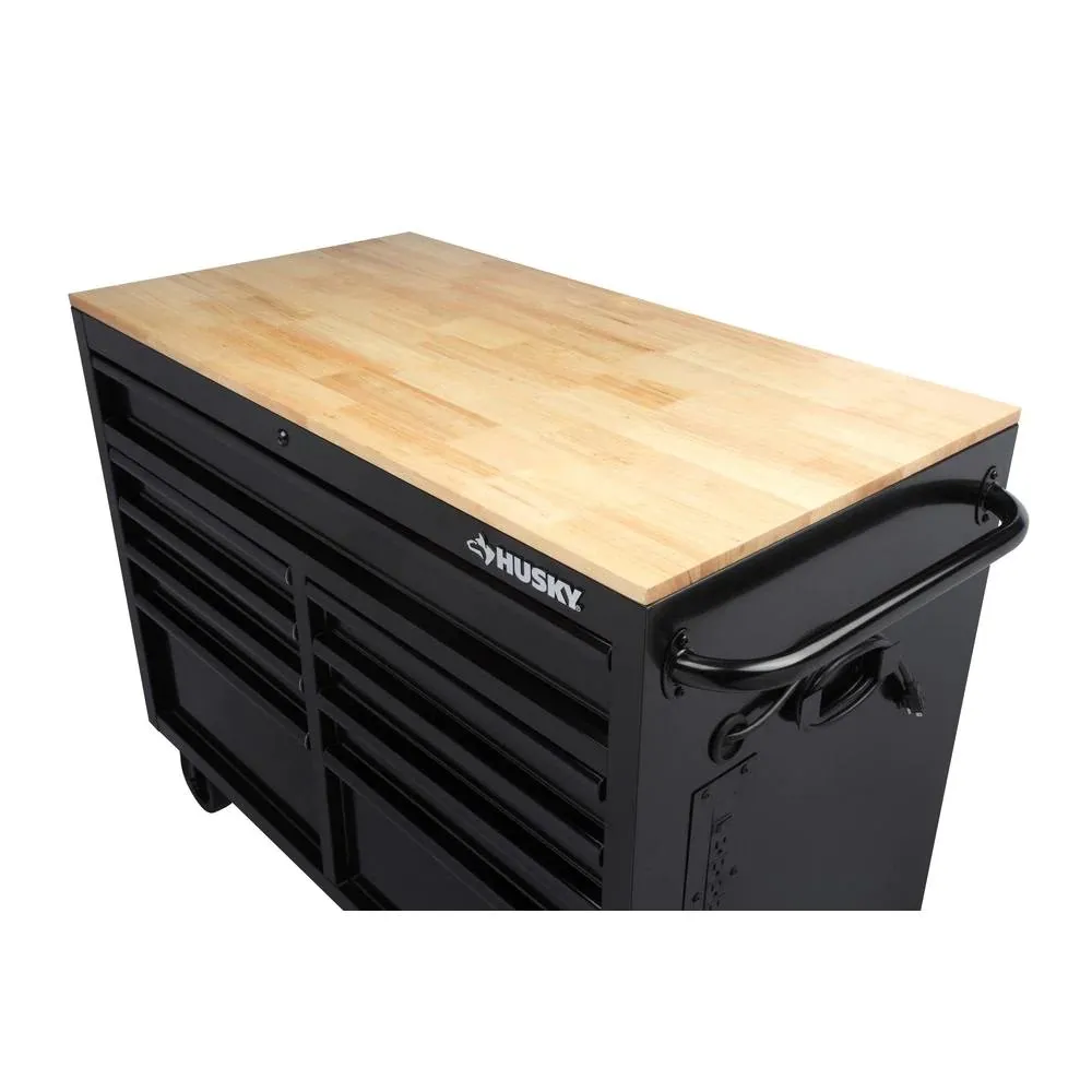 —46 in. W x 24.5 in. D 9-Drawer Gloss Black Deep Tool Chest Mobile Workbench with Hardwood Top and Power Station