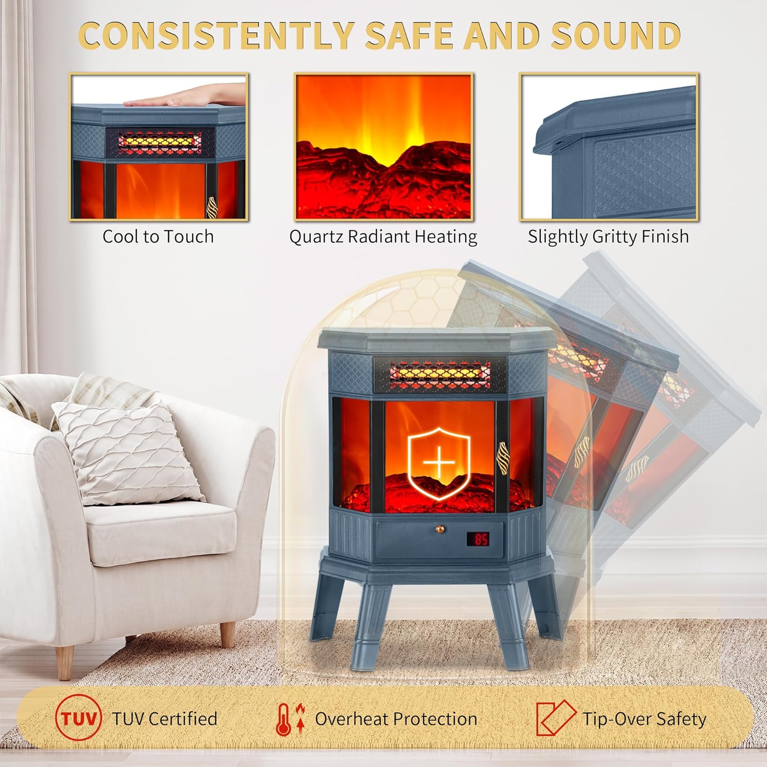 RealSmart Electric Fireplace Heater 22 in Freestanding Fireplace Stove Infrared Fireplace with 3D Flame Effect Remoted Control, Timer, Overheating Protection (Gray)