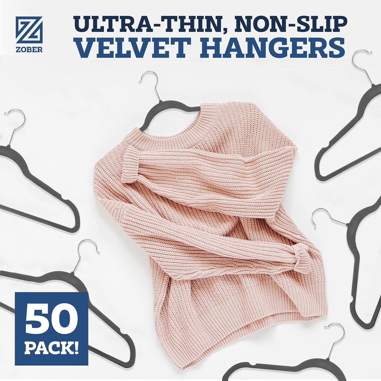 Zober Velvet Hangers 50 Pack - Heavy Duty Black Hangers for Coats, Pants & Dress Clothes - Non Slip Clothes Hanger Set - Space Saving Felt Hangers for Clothing