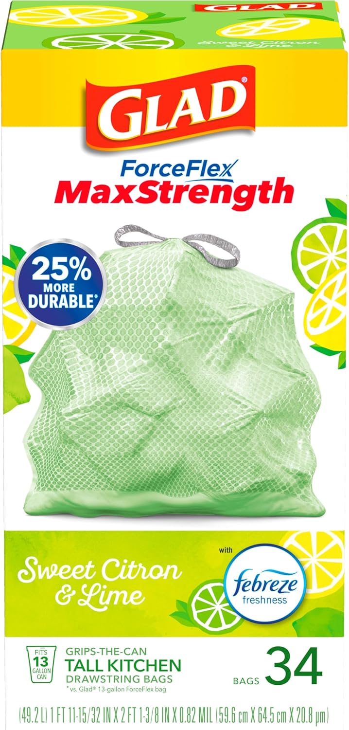 Glad ForceFlex MaxStrength with Clorox Trash Bags, 13 Gal, Lemon Fresh Bleach, 90 Ct, Pack May Vary