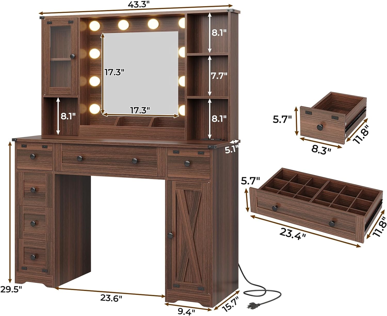 DICTAC Farmhouse Makeup Vanity Desk with Mirror and Lights, Large Vanity Table with Charging Station, 43'' Bedroom Dressing Table with 6 Drawers & 2 Cabinets, 3 Color Lighting Modes, Brown