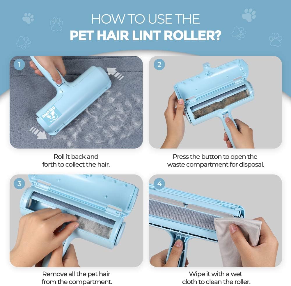DELOMO Pet Hair Remover - Lint Roller for Pet Hair - Cat and Dog Hair Remover for Couch, Furniture, Carpet, Car Seat, Reusable Roller W/Self-Cleaning Base - Upgraded Animal Fur Removal Tool