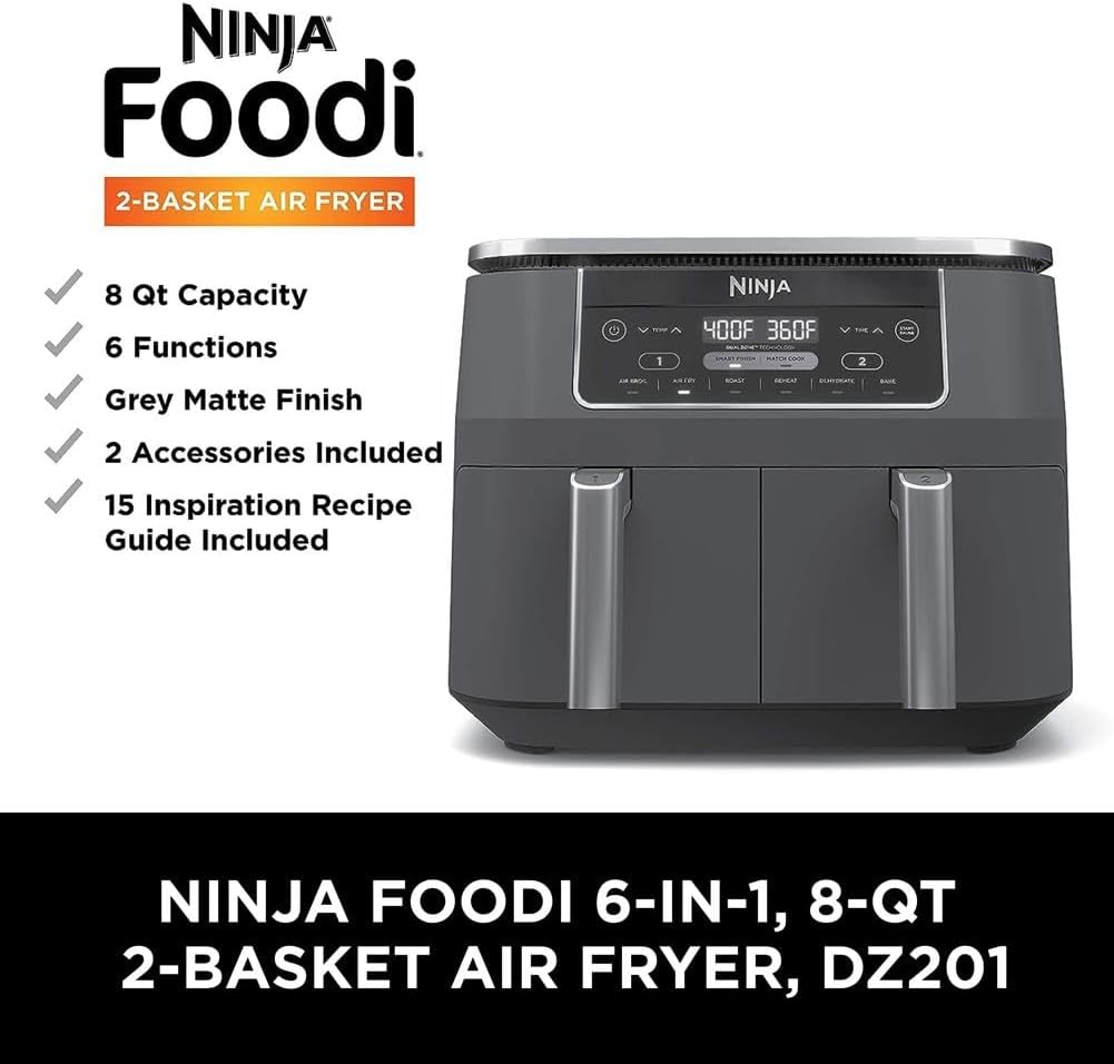 Ninja Air Fryer, Thermometer, Roast, Bake, Air Fry, Crisps, Broil, Reheats, Keep Warm, 10-in-1, Fries, Frozen Food, Veggies, and Meat, Quick Meals, Healthy Meals, Less Oil, 10 QT, Grey, DZ550​