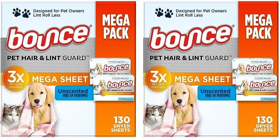 Bounce Pet Hair and Lint Guard Mega Dryer Sheets with 3X Pet Hair Fighters, Unscented, 130 Count
