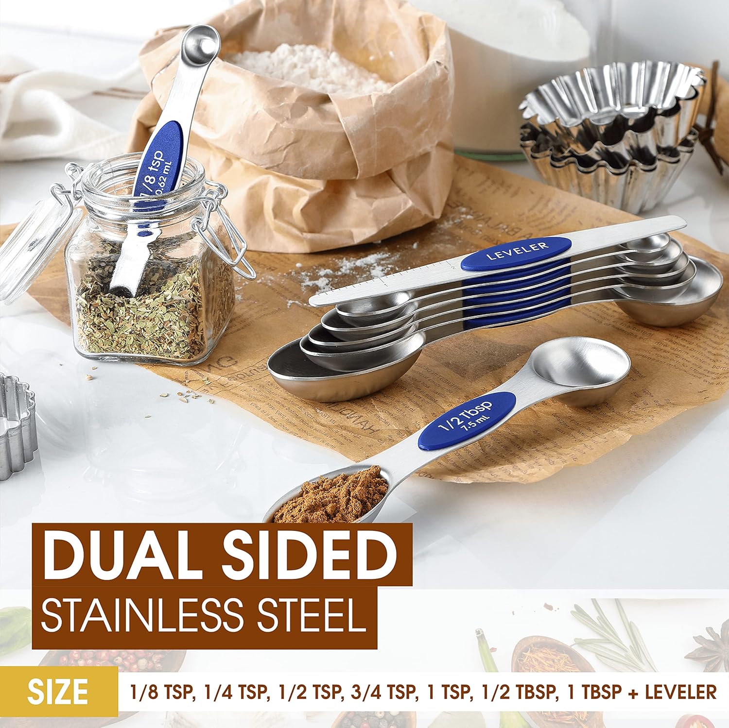 Spring Chef Magnetic Measuring Spoons Set with Strong N45 Magnets, Heavy Duty Stainless Steel Metal, Fits in Most Kitchen Spice Jars for Baking & Cooking, BPA Free, Black, Set of 8 with Leveler