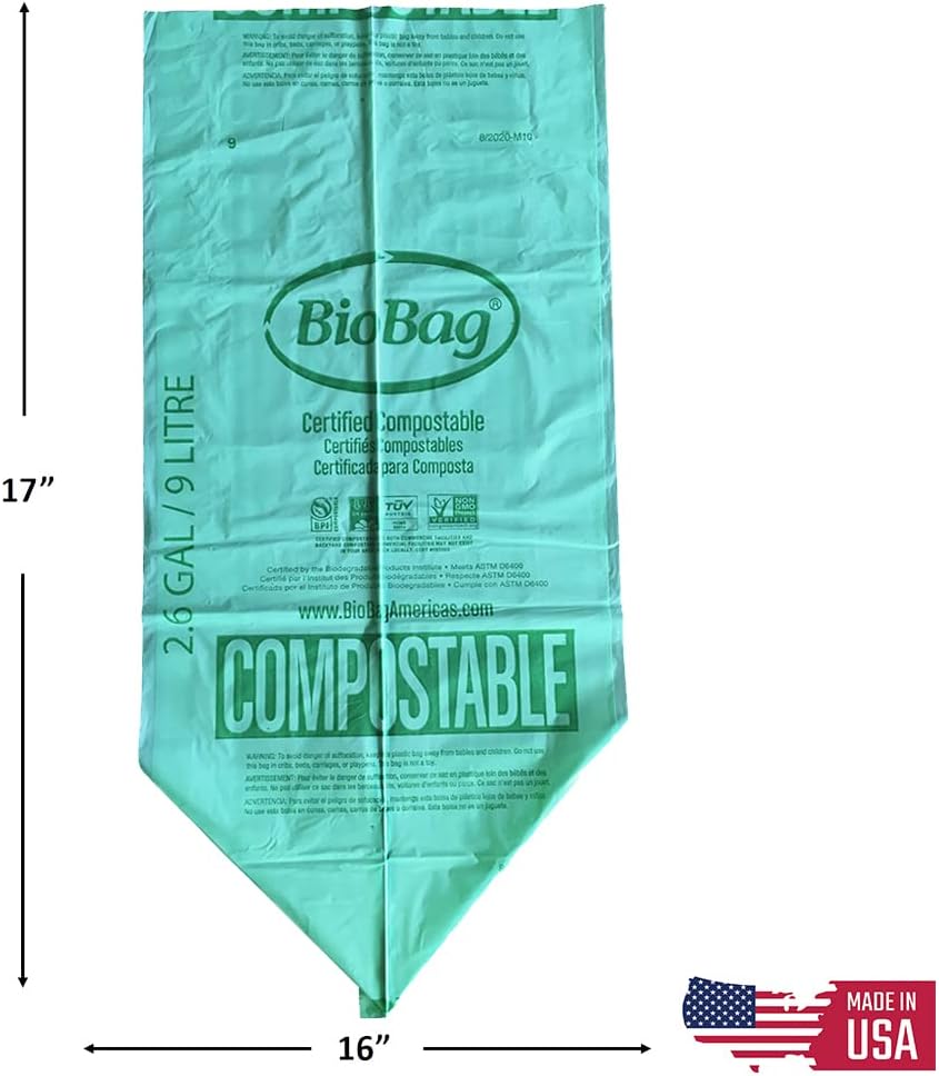 BioBag (USA), The Original Compostable Bag, 2.6 Gallon, 100 Total Count, 100% Certified Compostable Kitchen Food Scrap Bags, Kitchen Compost Bin Compatible