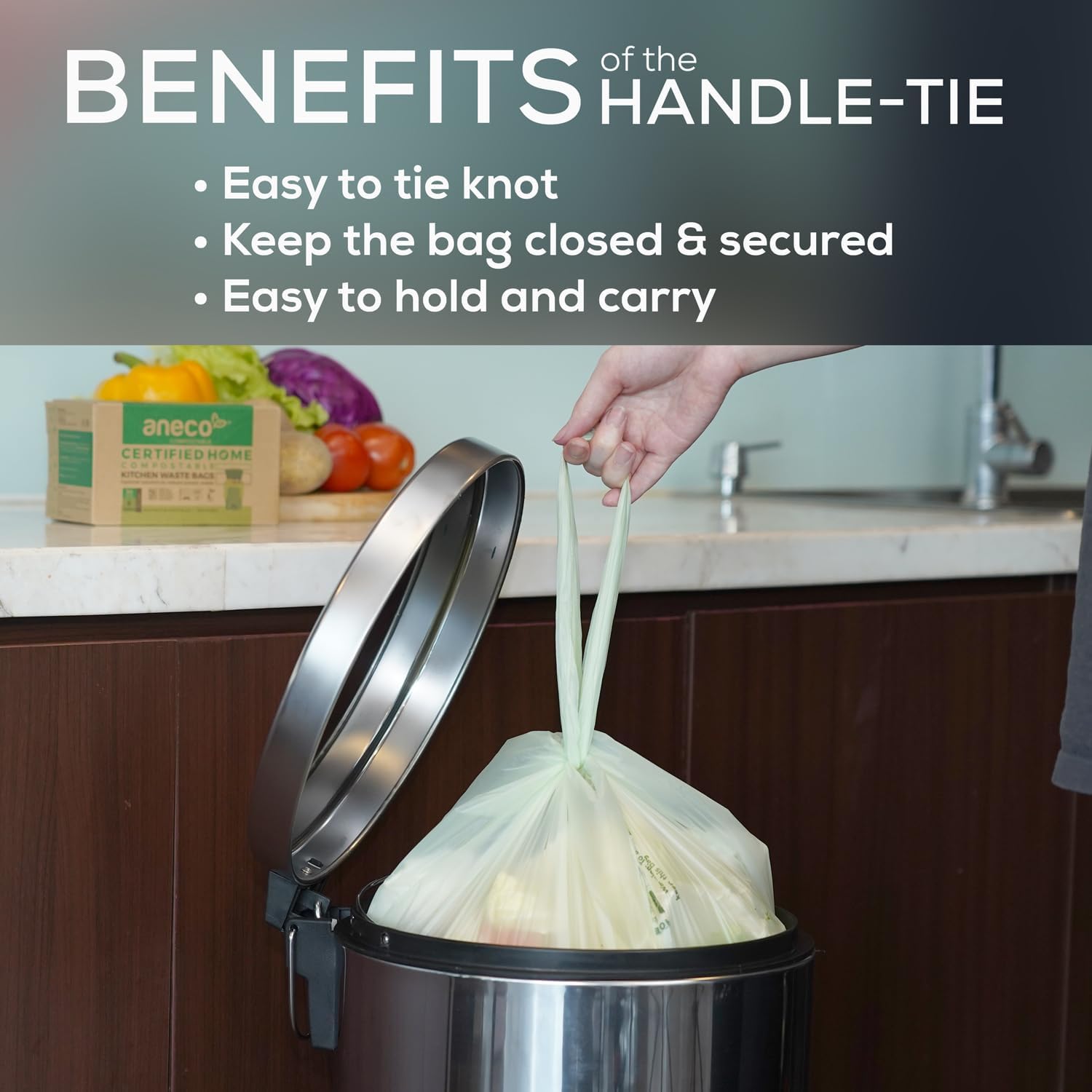 ANECO 100% Compostable Waste Bags 2.6 Gallon, Extra Thick Kitchen Small Compost Bags for Countertop Bin (100 Count)