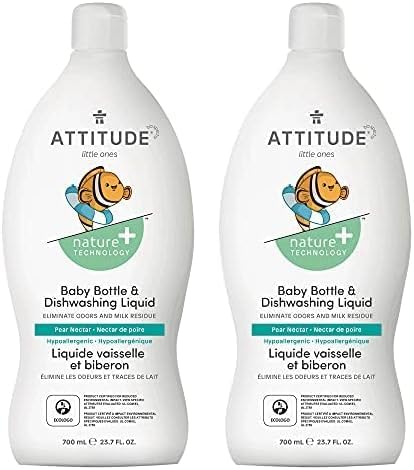 ATTITUDE Baby Dish Soap and Bottle Cleaner, EWG Verified Dishwashing Liquid, No Added Dyes or Fragrances, Tough on Milk Residue and Grease, Vegan, Unscented, 33.8 Fl Oz