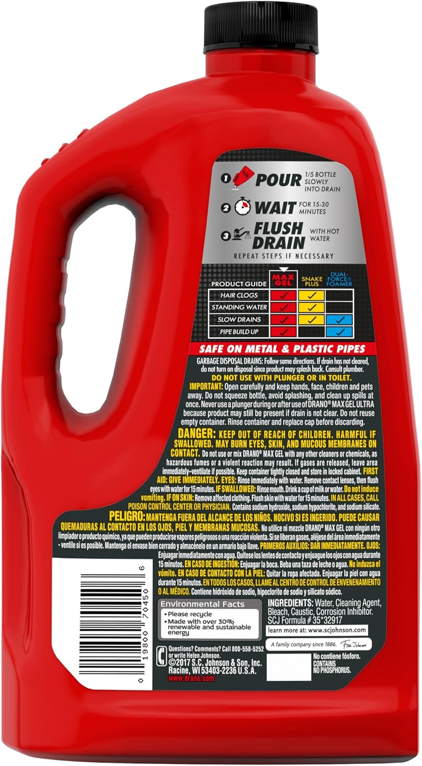 Drano Max Gel Drain Clog Remover and Cleaner for Shower or Sink Drains, Unclogs and Removes Hair, Soap Scum and Blockages, 80 Oz