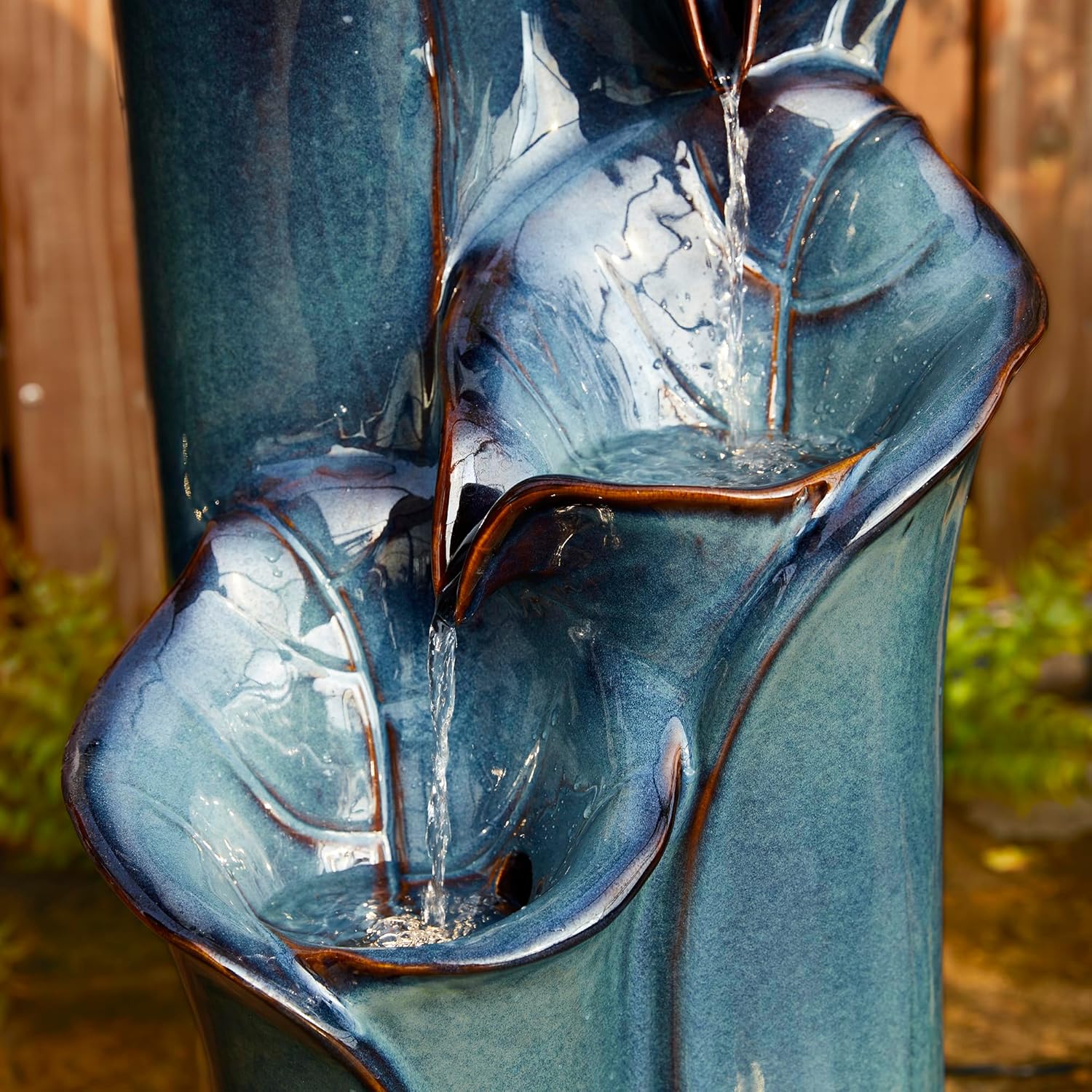 Outdoor Water Fountain with LED Lights and Pump, 4 Tier Dandelion Texture Vase Shaped Ceramic Floor Standing Fountain with Birds for Porch Deck Garden Patio Backyard, Turquoise