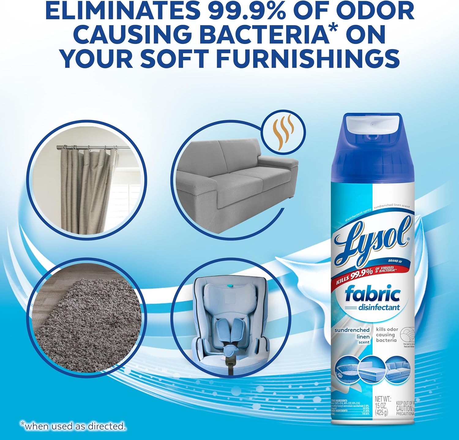 Lysol Fabric Disinfectant Spray, Sanitizing and Antibacterial Spray, For Disinfecting and Deodorizing Soft Furnishings, Lavender Fields 15 Fl. Oz (Pack of 3)