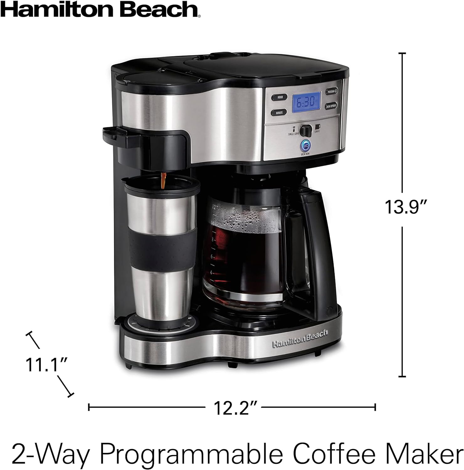 Hamilton Beach 2-Way 12 Cup Programmable Drip Coffee Maker & Single Serve Machine, Glass Carafe, Auto Pause and Pour, Black (49980R)