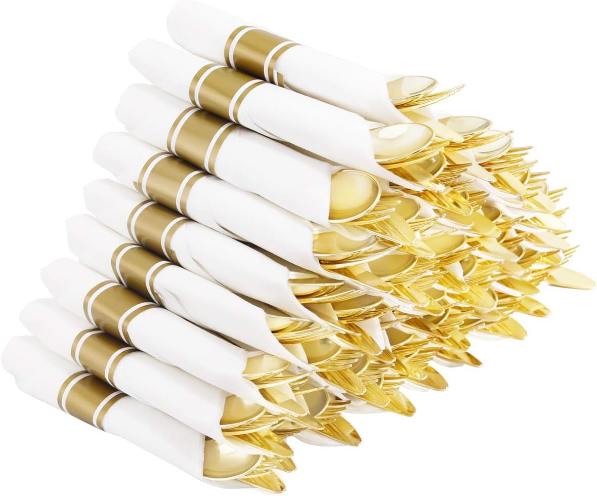 Supernal 60 Pack Pre Rolled Napkins with Gold Plastic Silverware, Premium Disposable Gold Wrapped Cutlery Set Includes: 60 Forks 60 Knives 60 Spoons 60 Napkin for Party