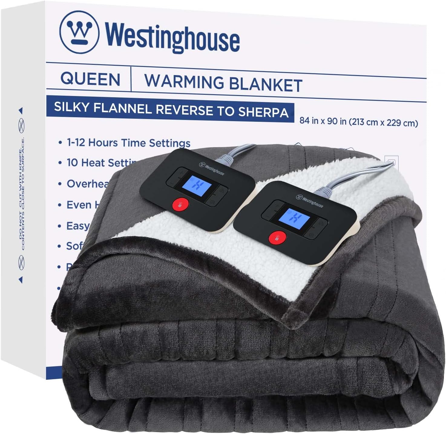 Westinghouse Heated Throw Blanket, Electric Blanket Throw with 6 Heating Levels and 2-10 Hours Time Settings, Flannel to Sherpa Super Cozy Heated Blanket Machine Washable, 50x60 inch, Charcoal