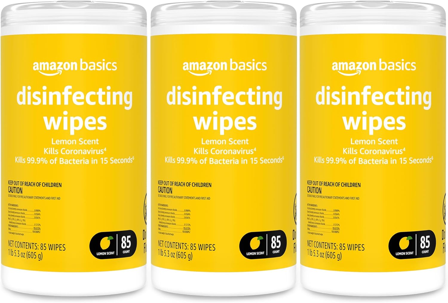 Amazon Basics Disinfecting Wipes, Lemon & Fresh Scent, Sanitizes, Cleans, Disinfects & Deodorizes, 255 Count (3 Packs of 85)