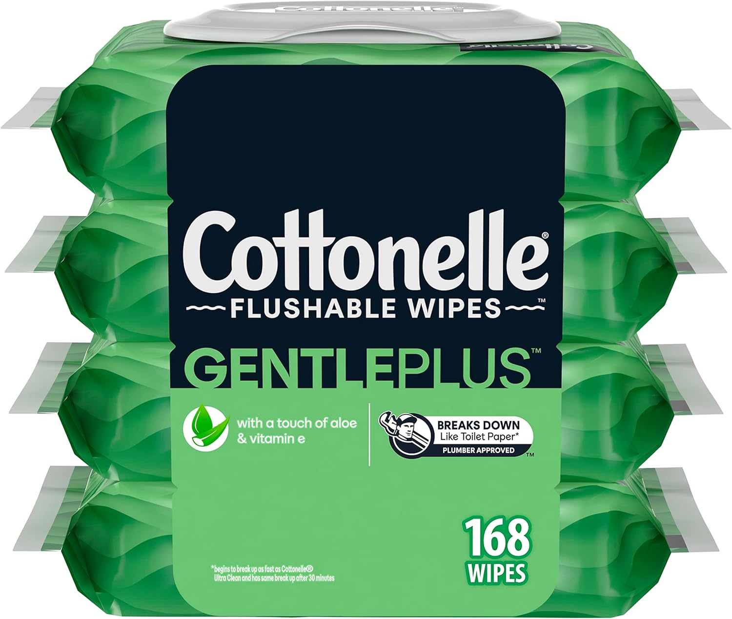 Cottonelle GentlePlus Flushable Wet Wipes with Aloe & Vitamin E, 6 Flip-Top Packs, 42 Wipes Per Pack (252 Total Wipes), Packaging May Vary