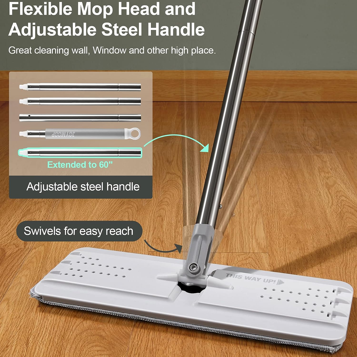 JOYMOOP mop and bucket with Wringer Set, Flat ,for floor cleaning with 3 Microfiber Pads, Wet and Dry Use, Household cleaning Tools, for Hardwood, Laminate, Tile