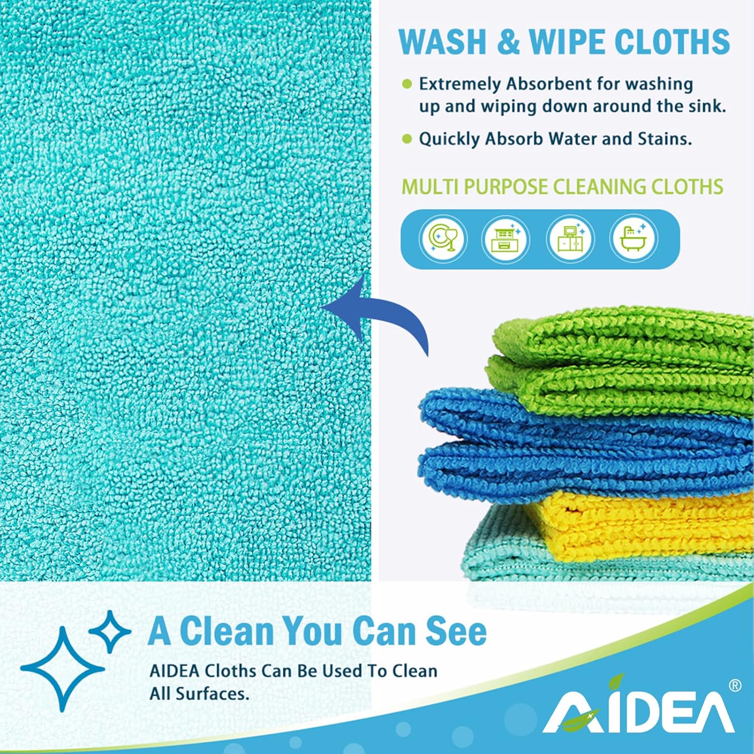 AIDEA Microfiber Cleaning Cloths-8PK, All-Purpose Cleaning Towels, Soft Absorbent Cleaning Rags Kitchen Towels, Lint-Free Dusting Cloth for House, Kitchen, Car, Window-(12in.x 12in.)