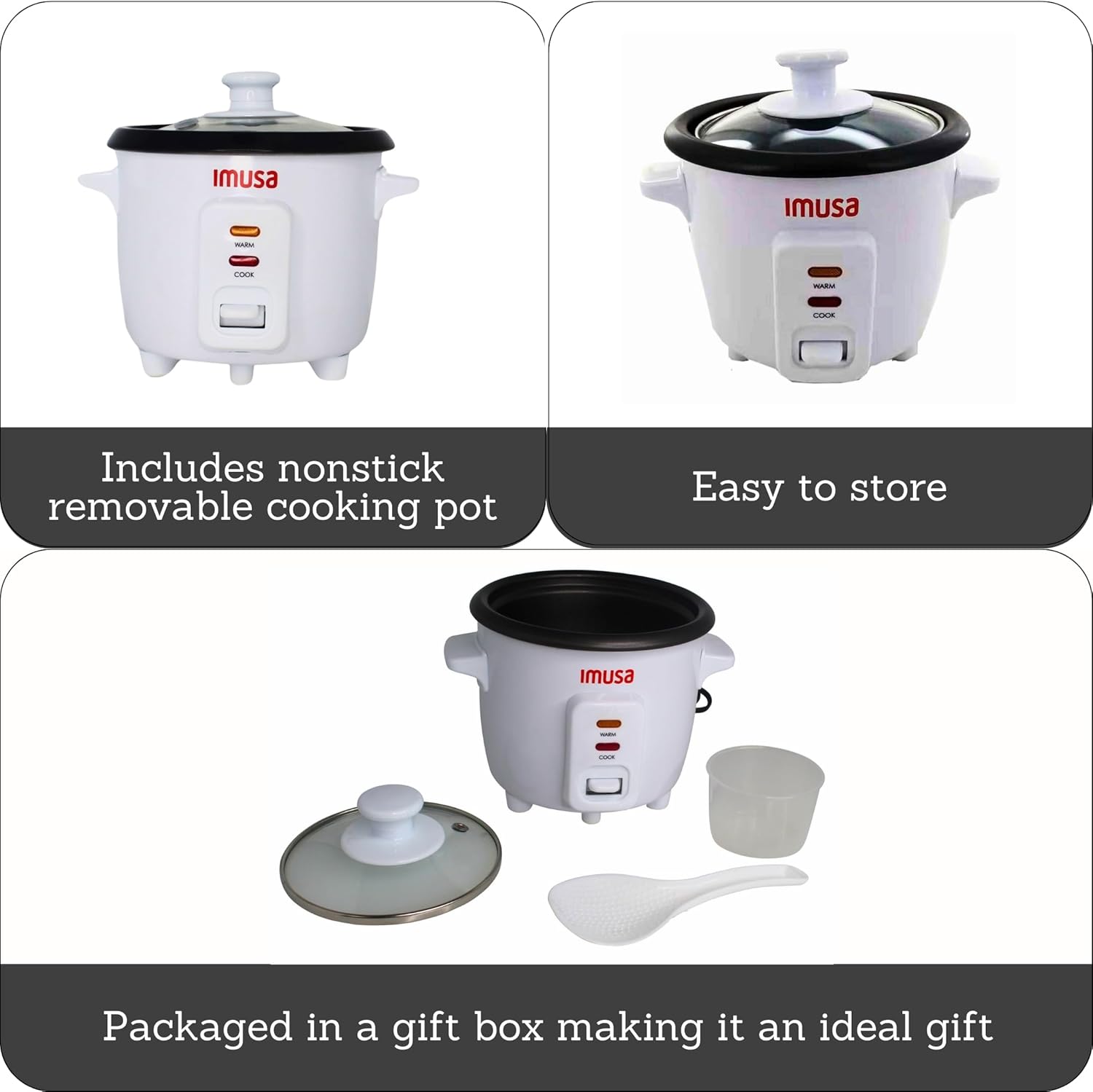 IMUSA USA GAU-00011 Electric Nonstick Rice Cooker 3-Cup (Uncooked) 6-Cup (Cooked), White