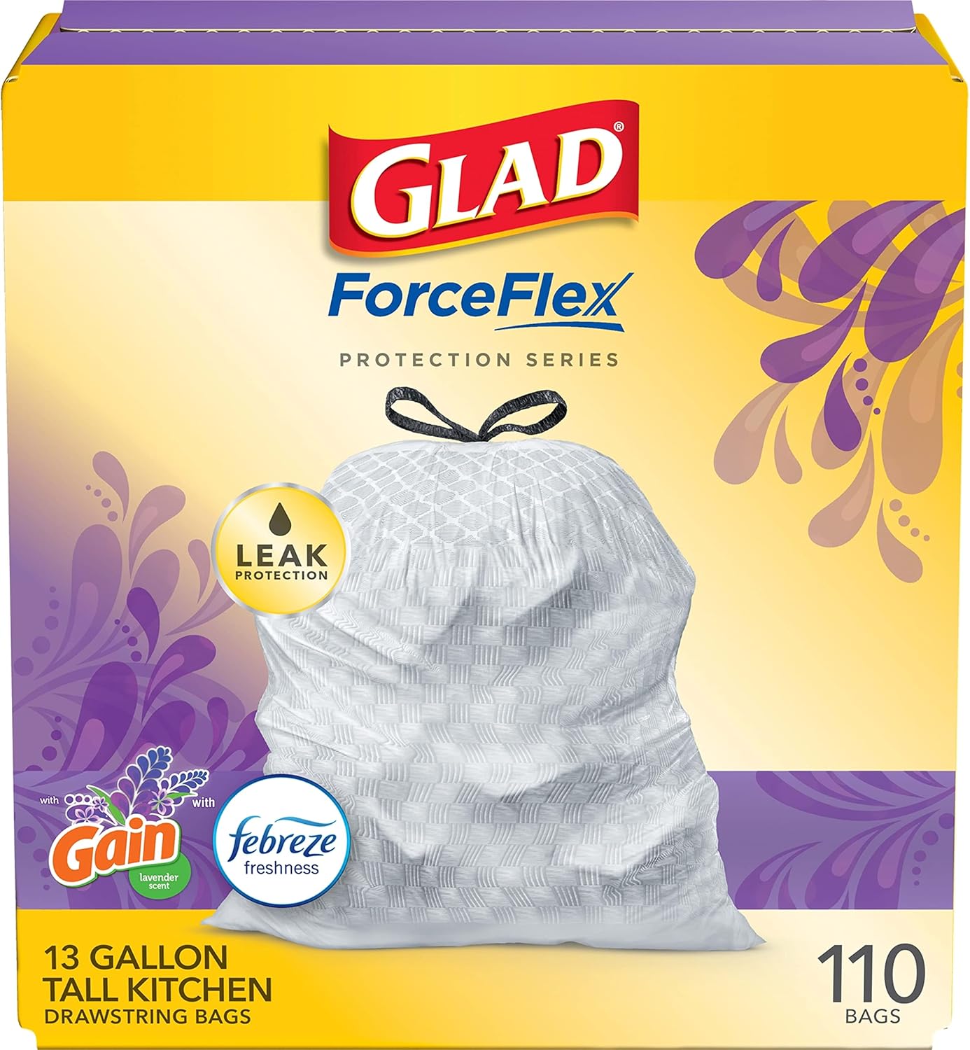 Glad ForceFlex Tall Kitchen Trash Bags, 13 Gal, Gain Original with Febreze, 110 Ct (Pack May Vary)