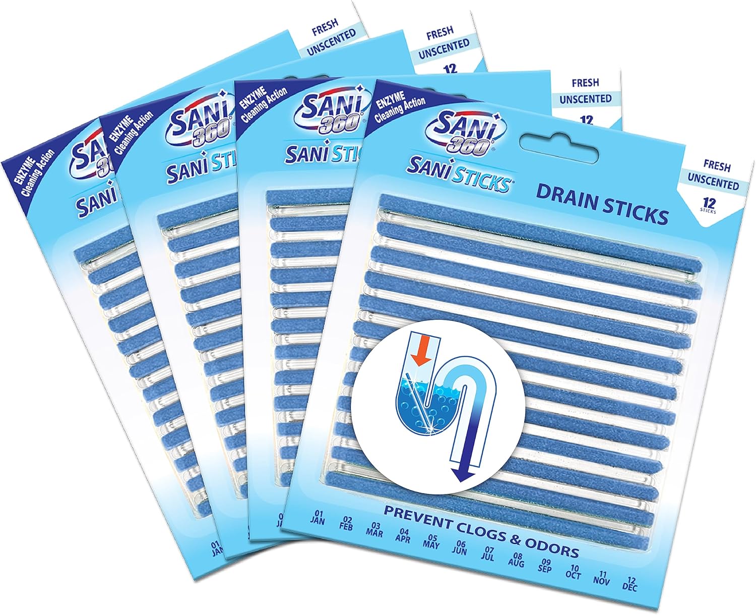 SANI 360° Sani Sticks Drain Cleaner and Deodorizer, Enzyme Pipe Cleaners, Eliminate Odors, Prevent Clogged Drains, Safe for Sinks, Bathtub Drains, Septic Tanks, 24 Count, Lemon Scent