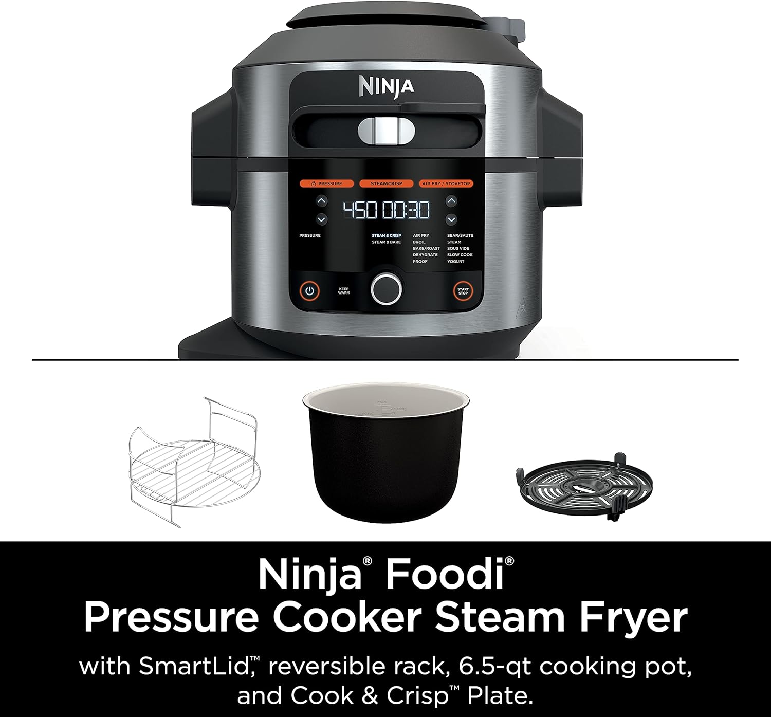 Ninja OL601 Foodi XL 8 Qt. Pressure Cooker Steam Fryer with SmartLid, 14-in-1 that Air Fries, Bakes & More, with 3-Layer Capacity, 5 Qt. Crisp Basket & 45 Recipes, Silver/Black