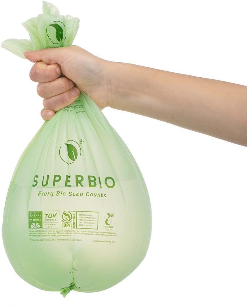 SUPERBIO 1.6 Gallon Handle Tie Compostable Food Scrap Bags For Counter Top Compost Bin, Small Compost Bags, 50 Count, 6 Liter, BPI & OK compost INDUSTRIAL Certified