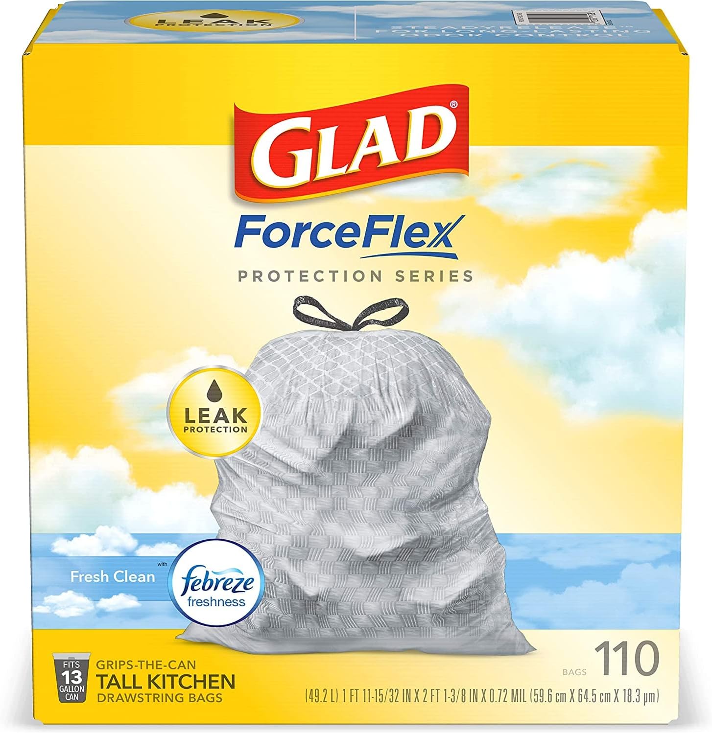 Glad ForceFlex Protection Series, Tall Kitchen Trash Bags, 13 Gal, Fresh Clean with Febreze, 110 Count (Packaging May Vary)