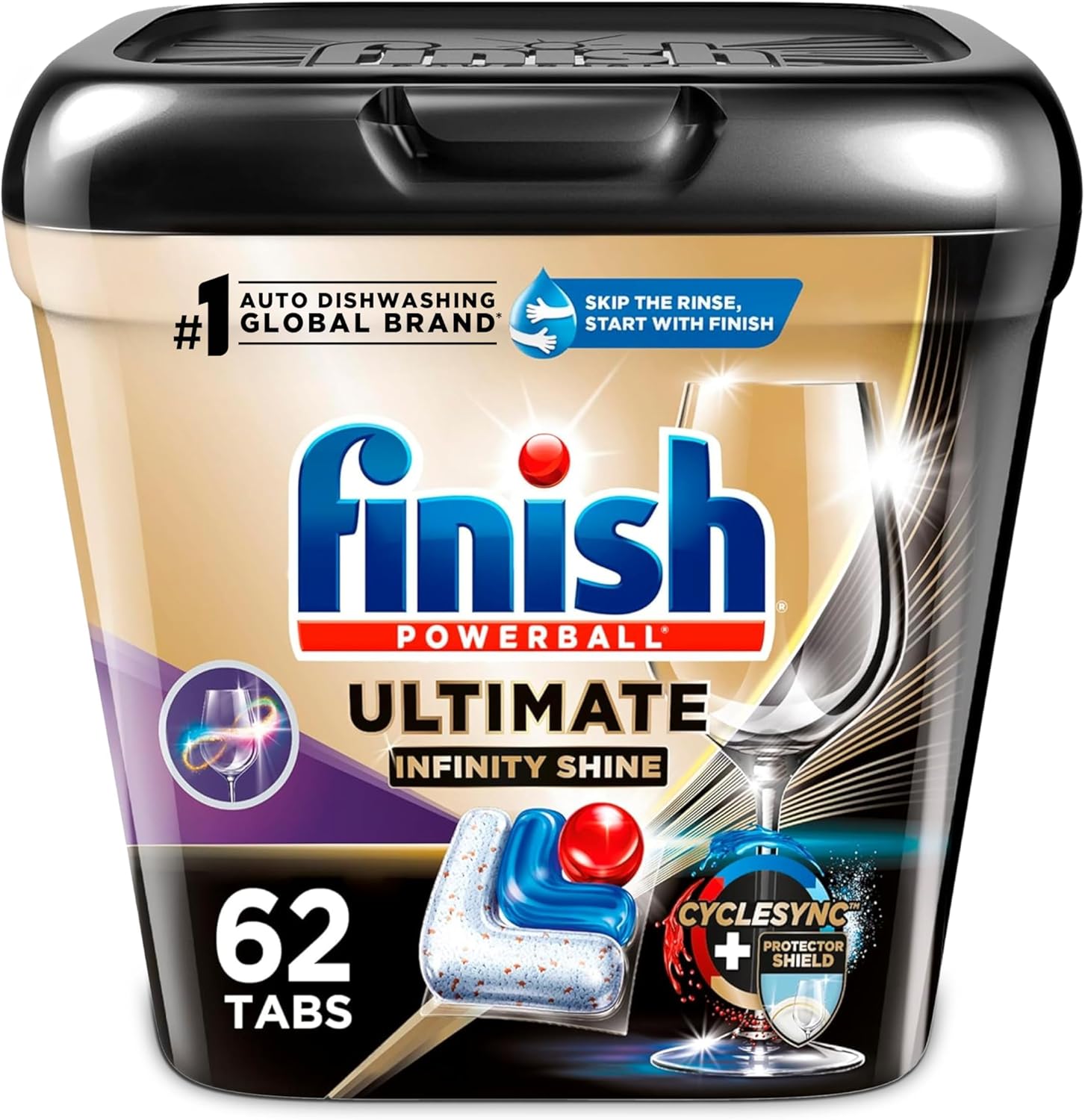 Finish Ultimate Plus Infinity Shine Dishwasher Pods, No Pre-Rinse Dishwasher Detergent Tabs with Protector Shield & CycleSyn Technology, Removes Burnt-On Stains, Degreases, Scrubbing Power, 62 Count