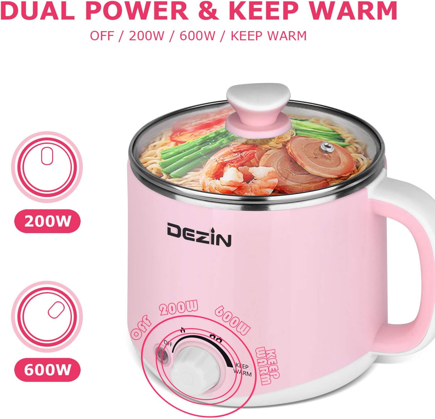 Dezin Electric Pot, 1.6L Ramen Cooker, Hot Pot Electric Stainless Steel, Multifunctional Electric Cooker for Egg, Pasta, Soup, Porridge, Oatmeal with Temperature Control and Keep Warm Function