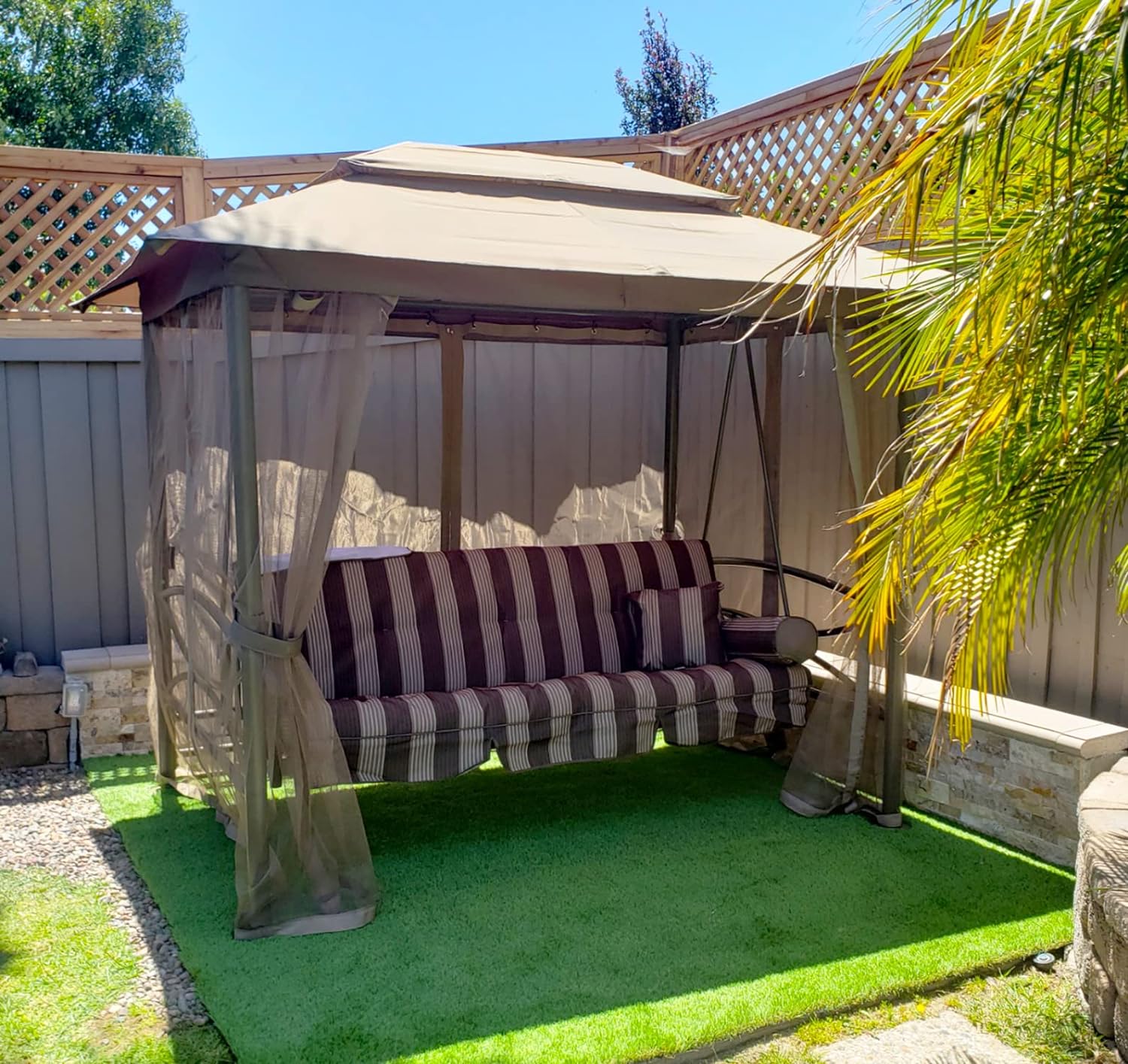 💖Clearance sale✨PURPLE LEAF 3 Person Outdoor Patio Porch Swing Gazebo with Netting & Gazebo Curtains with Canopy Swings for Adults