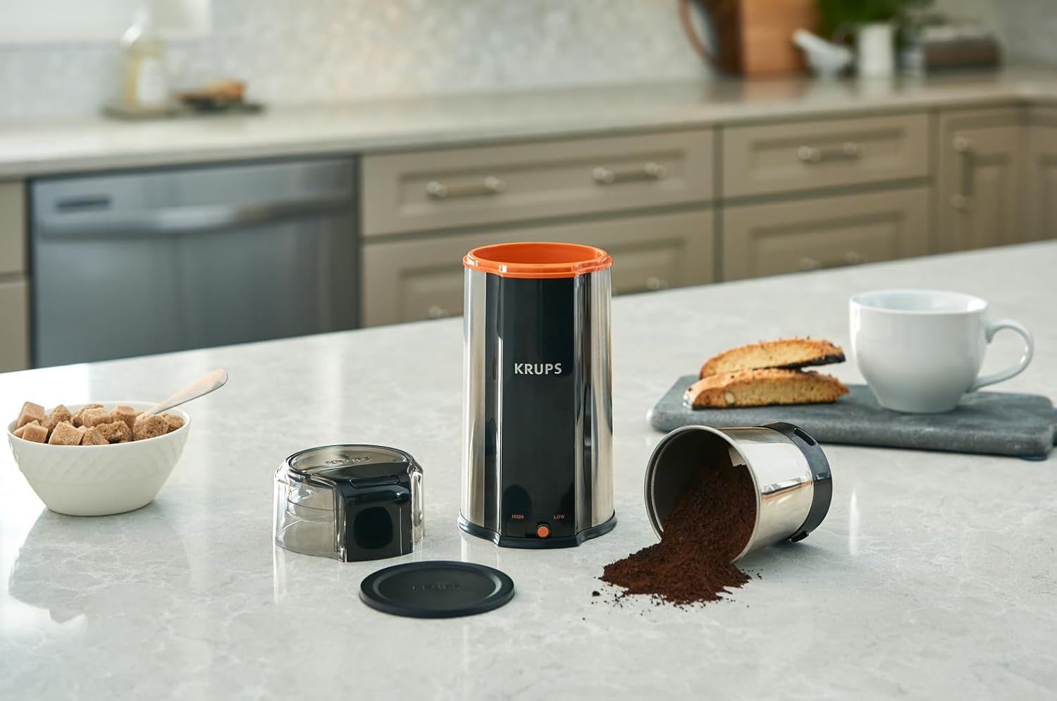 Krups One-Touch Coffee and Spice Grinder 3 Ounce Bean Hopper Easy to Use, One Touch Operation 200 Watts Coffee, Spices, Dry Herbs, Nuts, 12 Cup Black