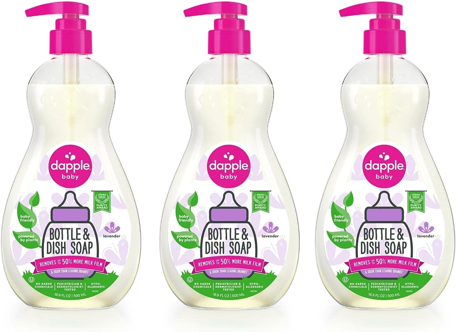 Dapple Baby, Bottle and Dish Soap Dish Liquid Plant Based Hypoallergenic 1 Pump Included, Packaging May Vary, Fragrance Free, 16.9 Fl Oz (Pack of 3)