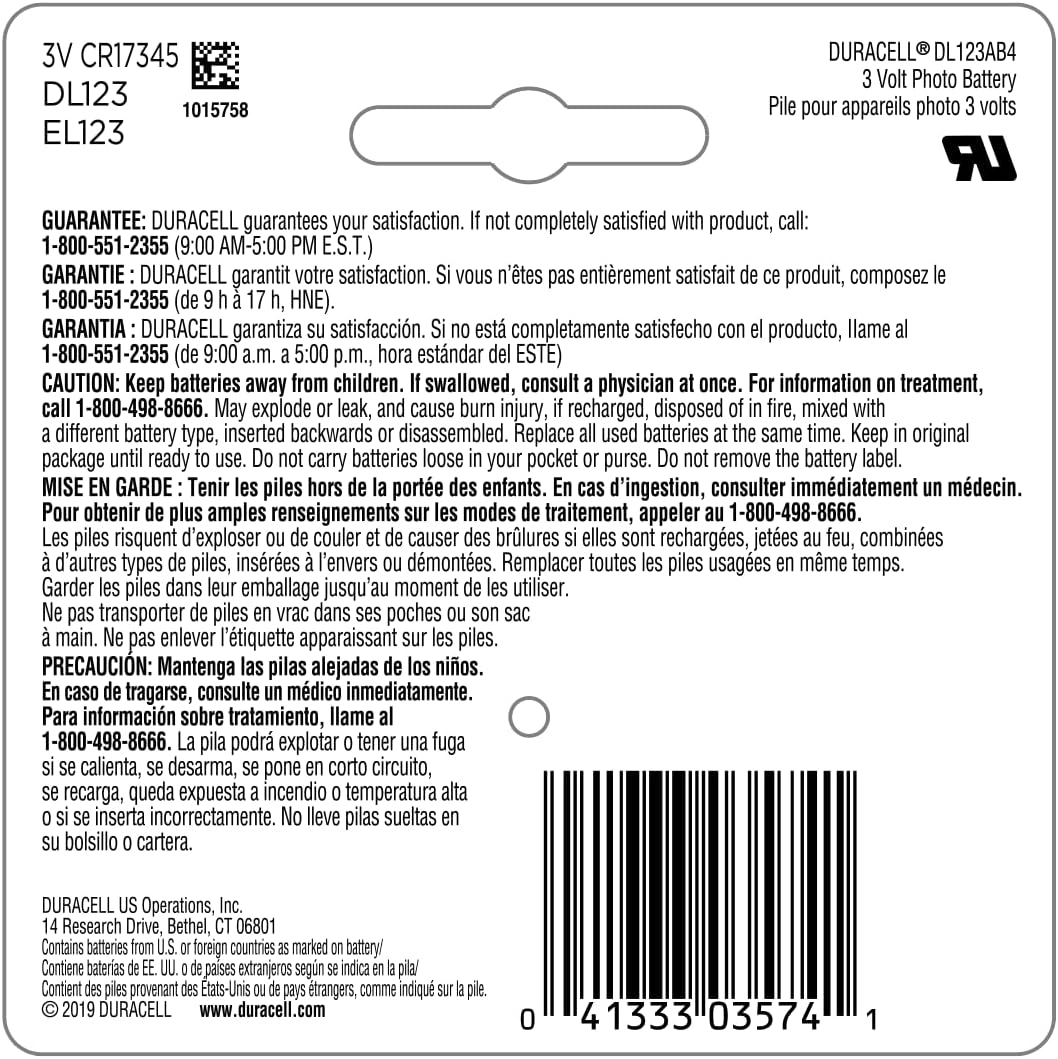 Duracell CR123A 3V Lithium Battery, 6 Count Pack, 123 3 Volt High Power Lithium Battery, Long-Lasting for Home Safety and Security Devices, High-Intensity Flashlights, and Home Automation