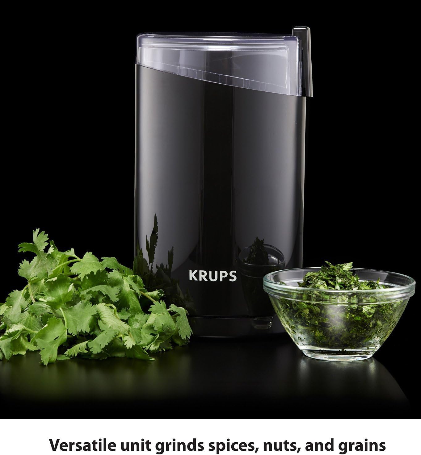 Krups One-Touch Coffee and Spice Grinder 3 Ounce Bean Hopper Easy to Use, One Touch Operation 200 Watts Coffee, Spices, Dry Herbs, Nuts, 12 Cup Black