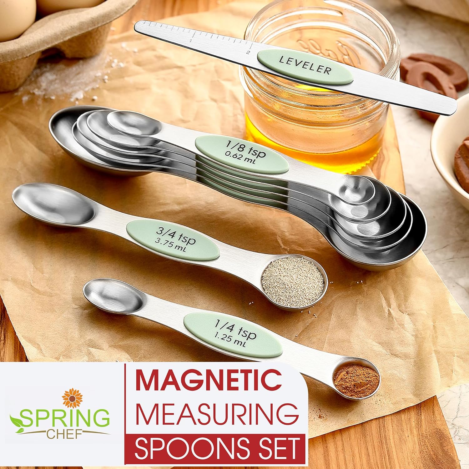 Spring Chef Magnetic Measuring Spoons Set with Strong N45 Magnets, Heavy Duty Stainless Steel Metal, Fits in Most Kitchen Spice Jars for Baking & Cooking, BPA Free, Black, Set of 8 with Leveler