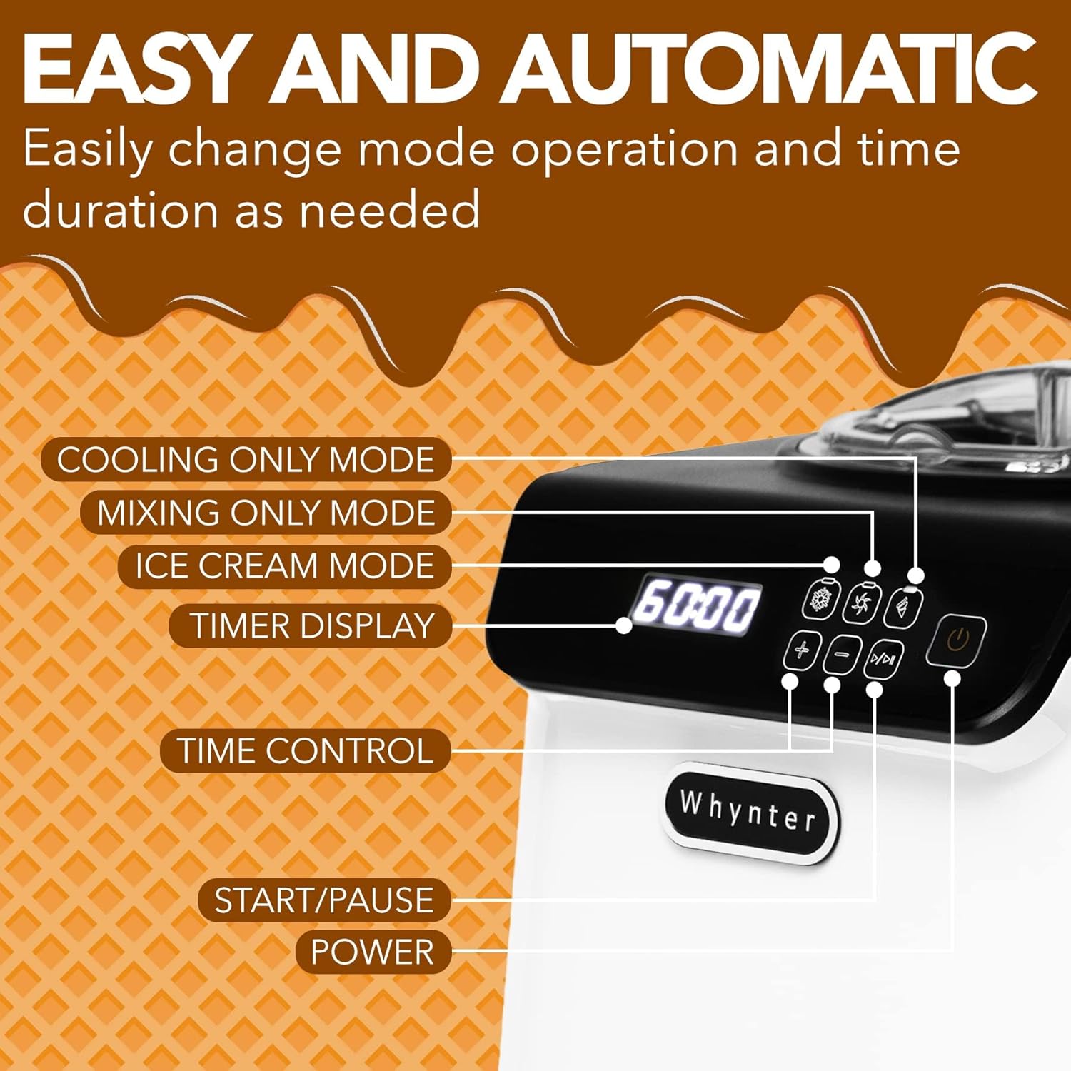 Whynter Ice Cream Maker Machine Automatic 2.1 Qt. upright with Built-in Compressor, LCD Digital Display & Timer, No Pre-Freezing, ICM-201SB, Stainless Steel