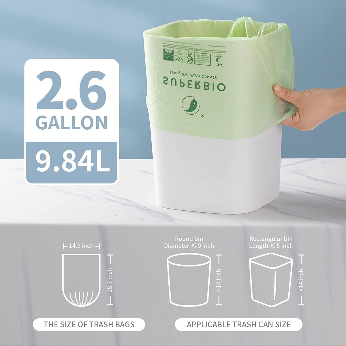 SUPERBIO 1.6 Gallon Handle Tie Compostable Food Scrap Bags For Counter Top Compost Bin, Small Compost Bags, 50 Count, 6 Liter, BPI & OK compost INDUSTRIAL Certified