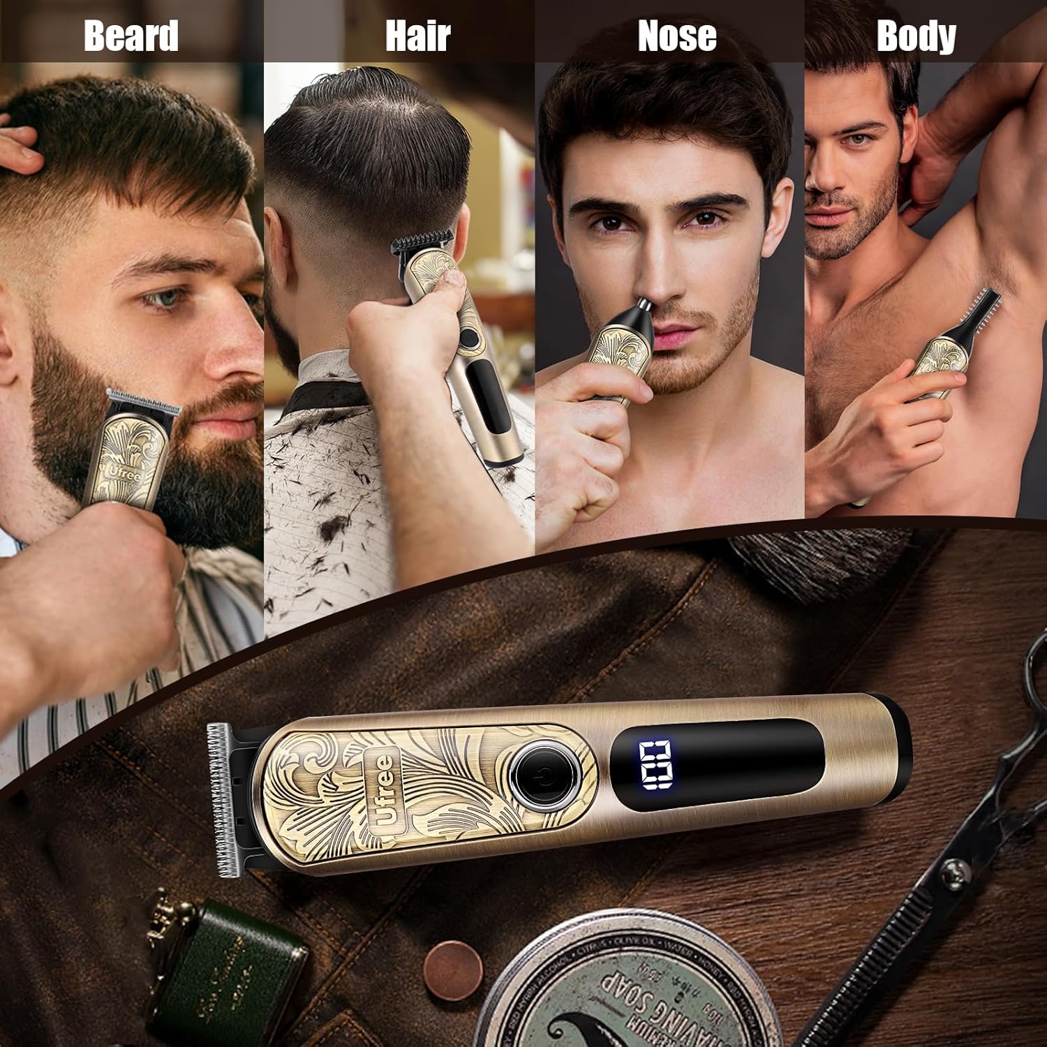 Ufree Beard Trimmer for Men, Waterproof Electric Razor for Nose, Body, Face and Mustache, Cordless Hair Clippers Shavers for Men Grooming Kit, Gifts for Men Husband Father