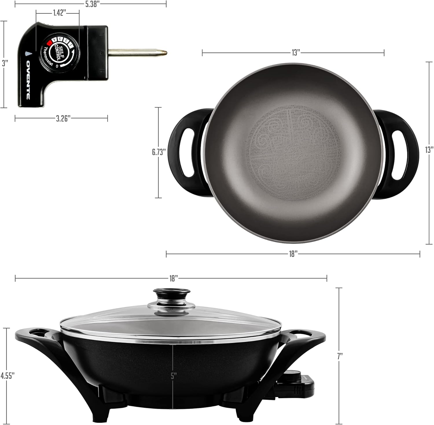 OVENTE 12 Inch Electric Skillet and Frying Pan with Nonstick Coating, 1400W Power, Adjustable Temperature Control, Tempered Glass Lid with Vent and Cool Touch Handles, Black SK11112B