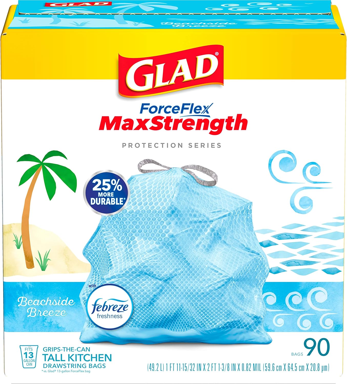 Glad ForceFlex MaxStrength with Clorox Trash Bags, 13 Gal, Lemon Fresh Bleach, 90 Ct, Pack May Vary