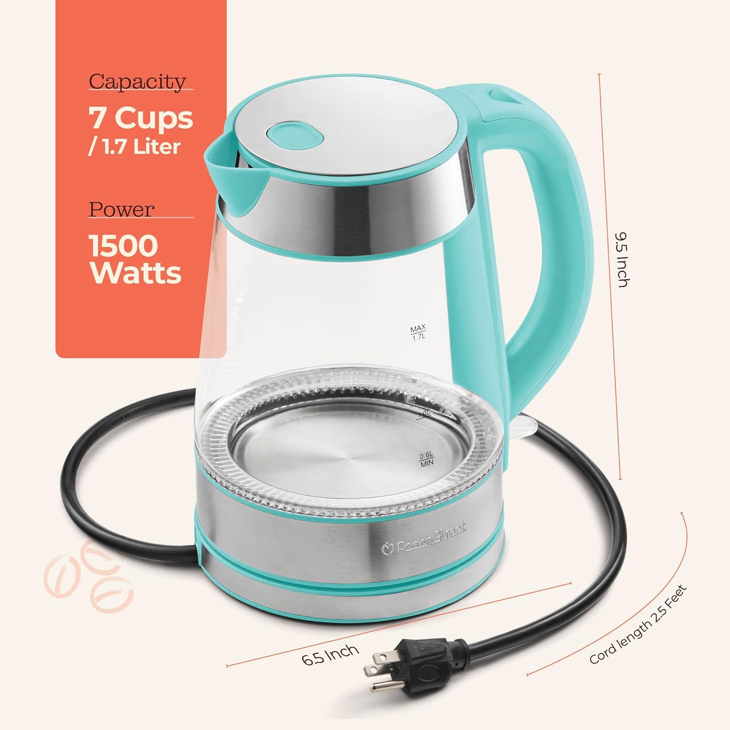 Speed-Boil Electric Kettle For Coffee & Tea - 1.7L Water Boiler 1500W, Borosilicate Glass, Easy Clean Wide Opening, Auto Shut-Off, Cool Touch Handle, LED Light. 360° Rotation, Boil Dry Protection