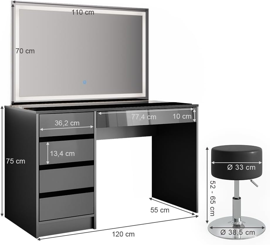 Vicco Sherry Dressing Table Sonoma / White 120 cm with LED Mirror and Stool