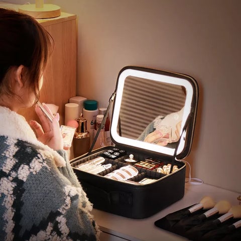 Makeup Bag with Lighted Mirror, Travel Make up Train Case with Adjustable LED