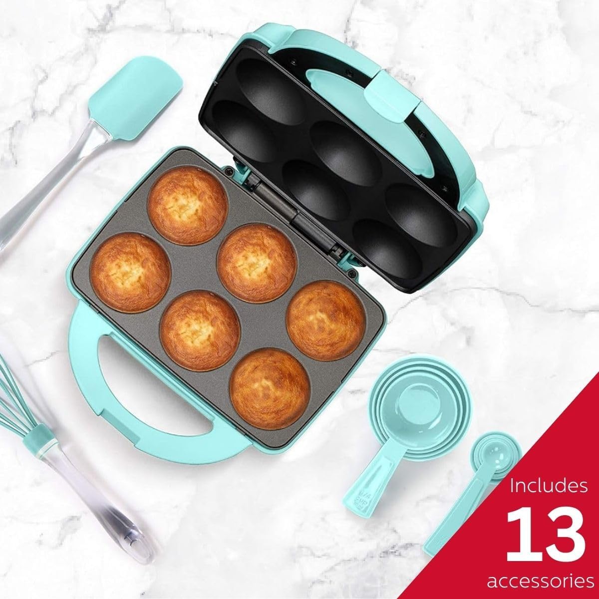 Holstein Housewares Non-Stick Cupcake Maker, Teal - Makes 6 Cupcakes, Muffins, Cinnamon Buns - Birthdays, Holidays, and More