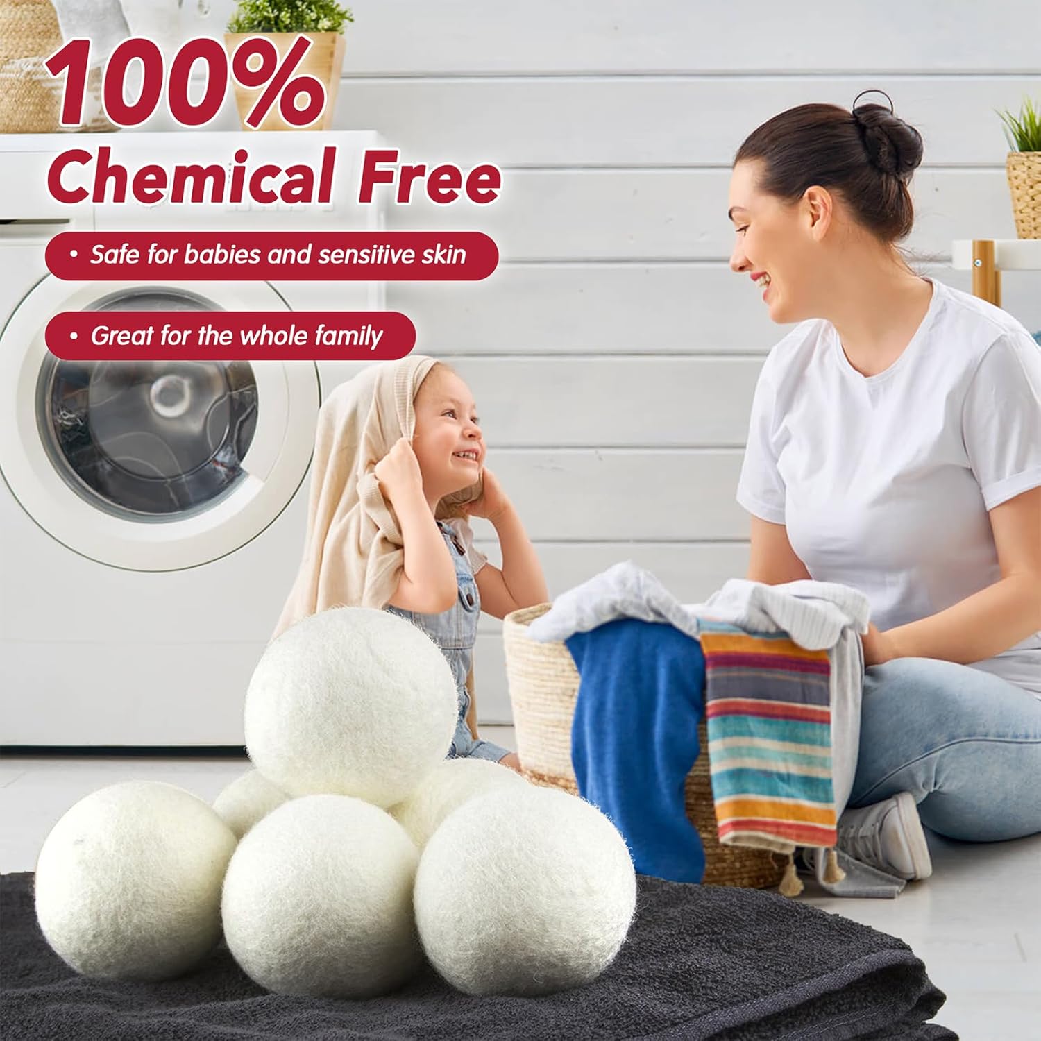 6 Pack All Natural Organic Wool Dryer Balls XL Size - Reusable Chemical Free Natural Fabric Softener, Anti Static, Reduces Clothing Wrinkles and Saves Drying Time