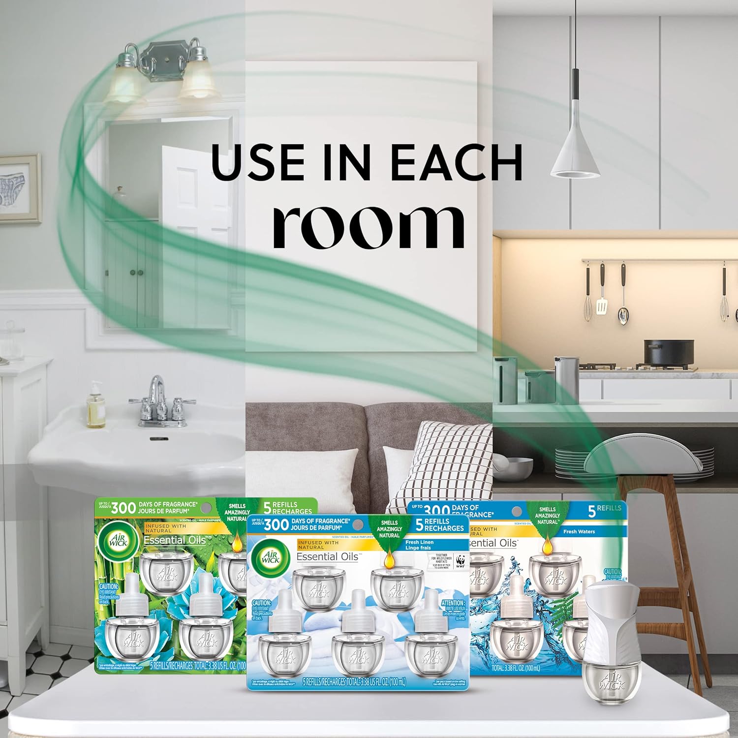 Air Wick Plug in Scented Oil Refill, 5ct, Fresh Linen, Essential Oils, Air Freshener